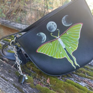 100% GOES TO CHARITY- Painted luna moth shoulder bag, crossbody bag - full moon, triple moon, moth handbag, witchy, black painted purse