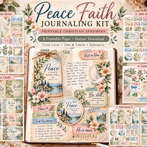 Op de afbeelding: Een Peace Faith Journaling Kit met zes printbare pagina's aan christelijke ephemera, inclusief verskaarten, tabbladen en labels. De kit toont bloemmotieven, duiven en landschapsillustraties met tekst zoals Peace I Leave With You.