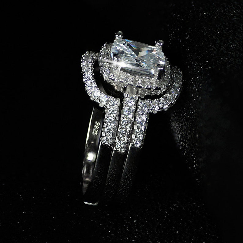 new design Luxury 3 pcs 925 sterling Silver Ring cushion cut Engagement Wedding Ring WITH ENGRAVING