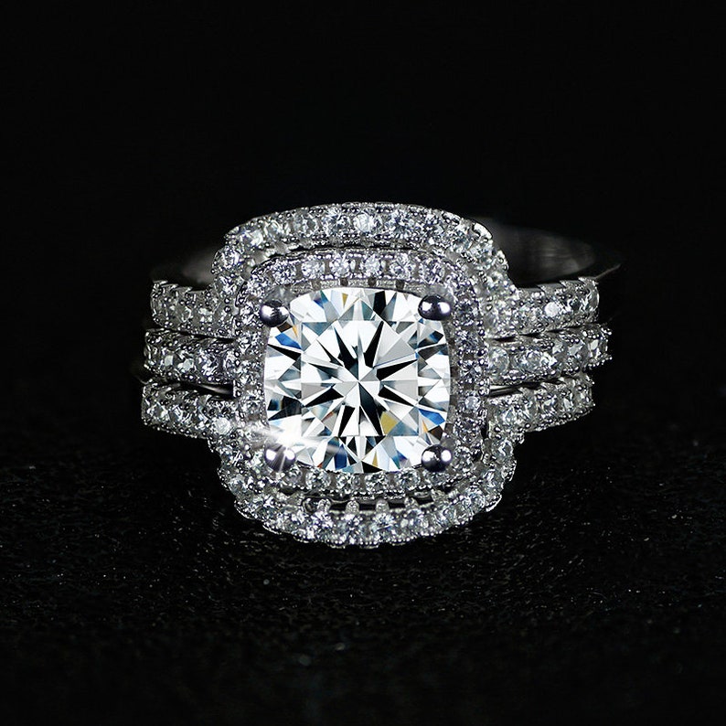 new design Luxury 3 pcs 925 sterling Silver Ring cushion cut Engagement Wedding Ring WITH ENGRAVING