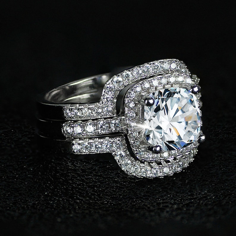 new design Luxury 3 pcs 925 sterling Silver Ring cushion cut Engagement Wedding Ring WITH ENGRAVING
