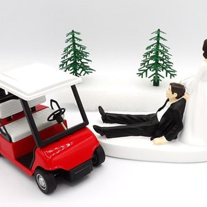Wedding Reception Party Golf Cart Golfer Dark Hair Couple Cake Topper