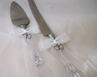 Wedding Reception Ceremony Party Double Hearts Cake Knife & Server 2 Psc Set