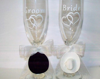 Wedding  Reception Party Hearts Toasting Glasses Western Cowboy Hats 2 Piece Set