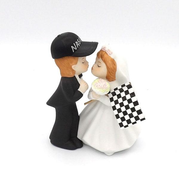 Wedding Reception Race Car Racing Flag Kissing Couple Cake Topper