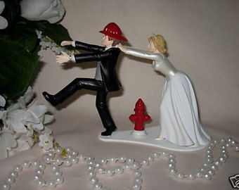 Wedding Reception Party Running Groom Fireman Firefighter Fire Hat Hydrant Cake Topper