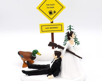 Wedding Reception Party Bride and Groom Couple Both Dark Hair Duck Fowl Hunting Hunter Cake Topper