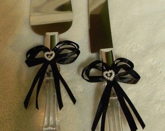 Wedding Reception Party Cake Knife & Server Black Bow and Ribbons 2 Piece Set