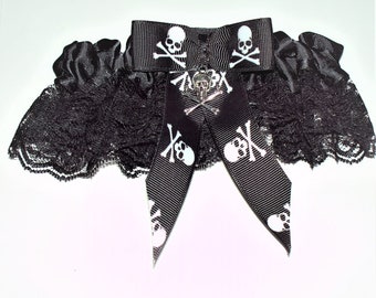 Wedding Reception Ceremony Gothic Motorcycle Skull Black Satin Garter