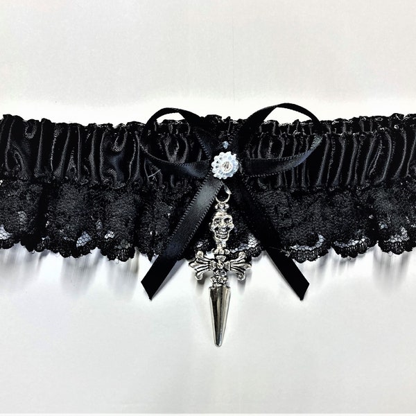 Wedding Reception Ceremony Gothic Motorcycle Cross & Skull Black Garter