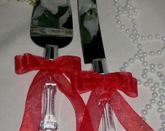 Wedding  Reception Party Cake Knife & Server Red Bow and Ribbons 2 Piece Set