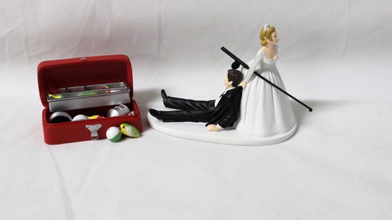 Wedding Reception Engagement Party Fisherman Fishing Pole Tackle Box Cake Topper 