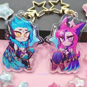 DOUBLE SIDED Chibi Star Guardian Xayah and Rakan Acrylic Keychains - League of Legends Charms