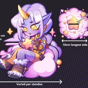 May include: A cartoon character with purple skin, a golden horn, and yellow eyes, holding a star. The character is seated on a pink cloud. The standee is 10 cm tall and the cloud is 10 cm wide. The base has a slit.