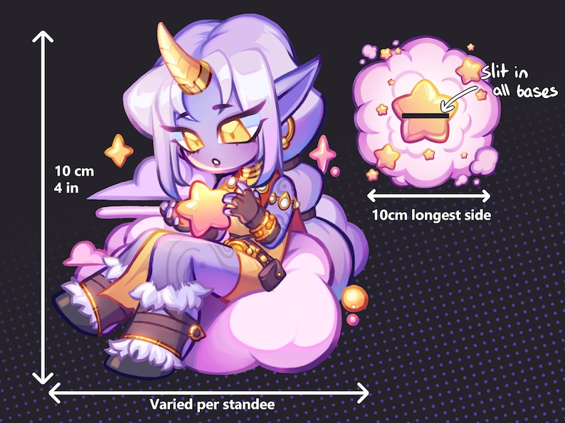 May include: A cartoon character with purple skin, a golden horn, and yellow eyes, holding a star. The character is seated on a pink cloud. The standee is 10 cm tall and the cloud is 10 cm wide. The base has a slit.