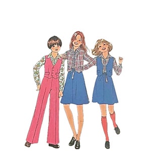 Simplicity 7909 Sewing Pattern, UNCUT FF Girls Size 7-8 Collar Shirt, Pants, Reversible Vest w/ Button Closure, Back-Wrap Skirt, ca. 1977