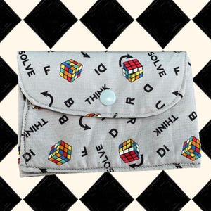 Cartera infantil plegable de tela de algodón con cierre a presión, tarjetero, regalo para niños pequeños con temática de cubo de Rubik.