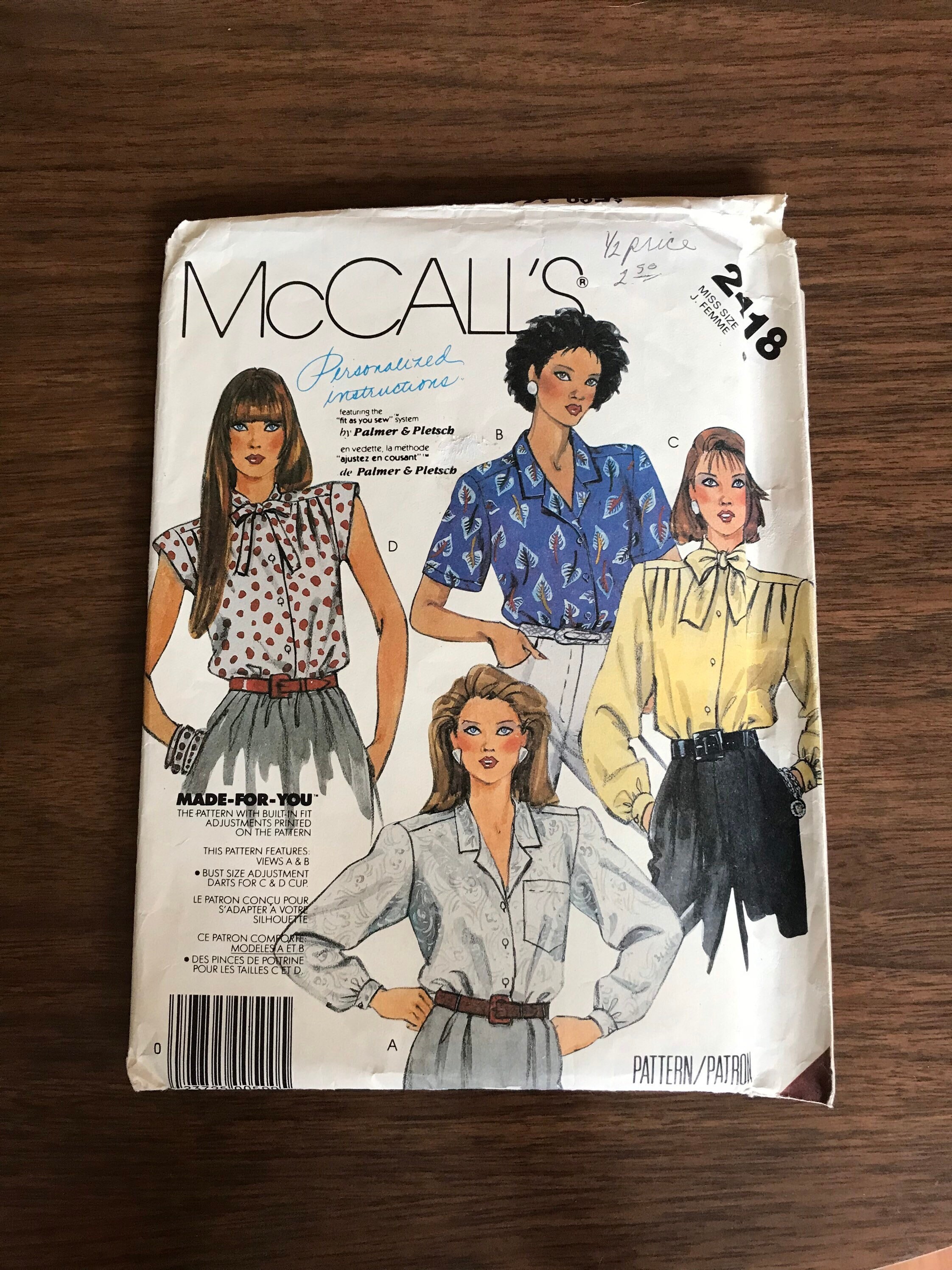 Mccall's 2418 Sewing Pattern Palmer & Pletsch Misses - Etsy