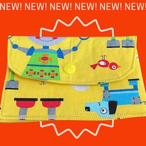 Cartera infantil plegable de tela de algodón con cierre a presión, tarjetero, ideal como regalo para niños pequeños, temática de robot.