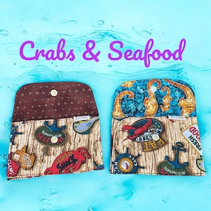 Cartera infantil plegable de tela de algodón con cierre a presión, tarjetero, regalo para niños pequeños, cangrejos y mariscos.
