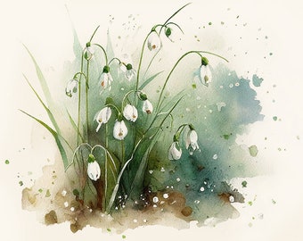 snowdrops flower wall art, watercolor painting, snowdrop flower print, watercolor snowdrop painting, ready to hang canvas, flower fine art