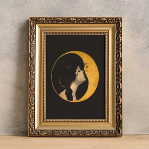 Woman Kissing Moon Print, Art Nouveau Moon Print, Black Moon Wall Art, Witchy Print Large 30x40, Crescent Moon Art, Moon Goddess Art Deco