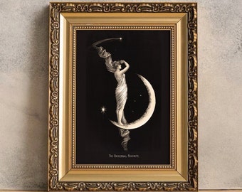 Impresión de bruja oscura, grande, 30 x 40, impresión Art Nouveau vintage, arte lunar vintage, magia, impresión de tarot, mujer y luna, impresión artística de luna creciente