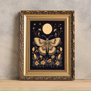 Affiche de papillon de nuit, milieu universitaire sombre, illustration de papillon de nuit botanique, art mural insecte vintage, cottagecore sombre, art de la pleine lune, impression de papillon de nuit, nuit de forêt