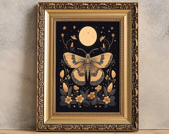 Moth Poster, Dark Academia, Botanical Moth Illustration, Vintage Insect Wall Art, Dark Cottagecore, Full Moon Art, Moth Print, Forest Night