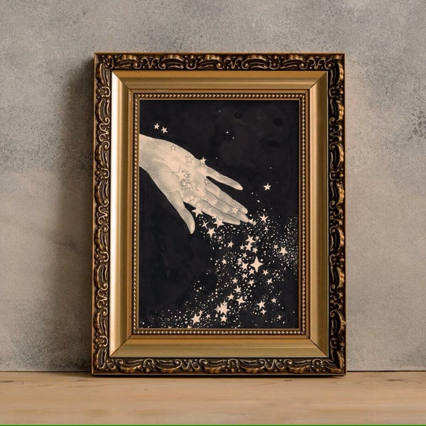 Hand Full of Stars Print, Celestial art, Minimalist Black and White art, Witchy Wall Art, Magical print, Dark Moody Art, Ethereal Art