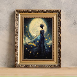 art nouveau print, art deco print, queen of the night, moon and stars painting, ready to hang wall art, fantasy art print, ethereal painting