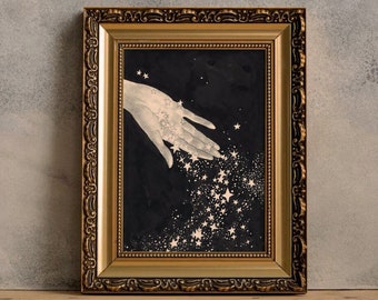 Hand Full of Stars Print, Celestial art, Minimalist Black and White art, Witchy Wall Art, Magical print, Dark Moody Art, Ethereal Art