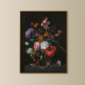 dark moody floral print, moody vintage flower print, dark academia antique oil painting wall art, dark cottagecore prints, dining room art