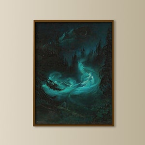 forest spirit print, ghostly spirits haunted forest, dark moody night landscape, fairy folklore, dark painting, dark academia, cottagecore