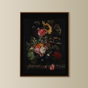 black flower print, Dutch flower painting, dark botanical wall art, dark oil painting, dining room art, moody flower still life, sunflower