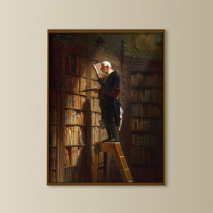 vintage library painting print, bookworm print, man reading a book, vintage wall art, reading nook decor, Carl Spitzweg print bookworm