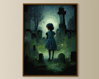 horror art print, night at a cemetery, scary Halloween wall art, orphan girl at the cemetery, graveyard, Halloween print, gothic home decor