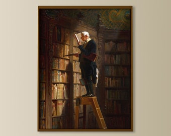 vintage library painting print, bookworm print, man reading a book, vintage wall art, reading nook decor, Carl Spitzweg print bookworm