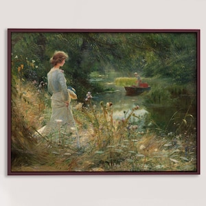 18x24 print landscape, woman on a meadow, impressionist painting, cottagecore, nature, 8x10 horizontal, apartment wall art bedroom above bed