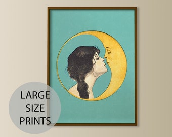 vintage woman kissing moon print, witchy print large 30x40, crescent moon art print, art nouveau, antique moon face, dear old dixie moon