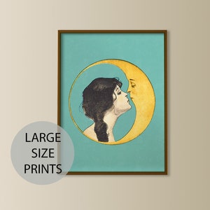 vintage woman kissing moon print, witchy print large 30x40, crescent moon art print, art nouveau, antique moon face, dear old dixie moon