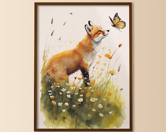 spring fox print, nursery fox decor, butterfly and fox poster, spring wall art, watercolor painting, wildlife art, woodland nursery wall art