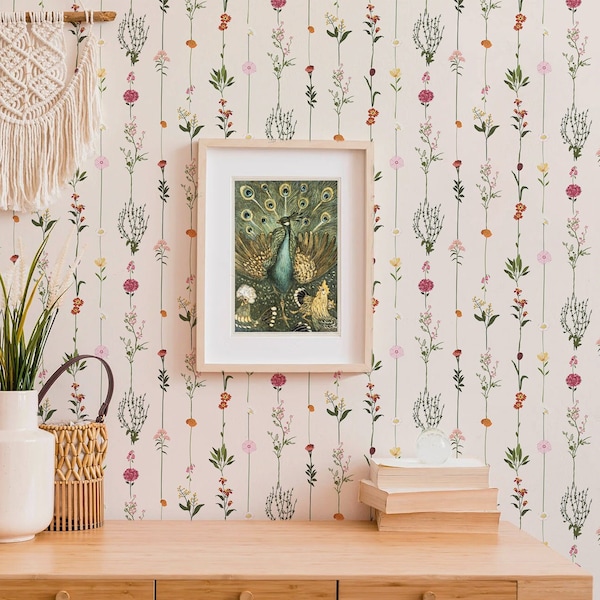 Peel And Stick Wallpaper, Botanical Wallpaper, Renters Wallpaper, Nursery Floral Wallpaper Peel Stick, Dainty Flower Wallpaper, Cottagecore