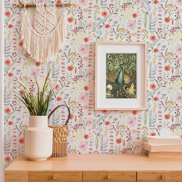 Wildflower Wallpaper, Floral Wallpaper Peel and Stick Wallpaper, Nursery Wallpaper, Soft Botanical Floral Wall Mural, Cottagecore Wallpaper