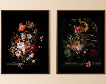dark flower art print set of two, moody floral wall art, dark Victorian wall art set of 2, dark academia decor, black botanical, dutch oil
