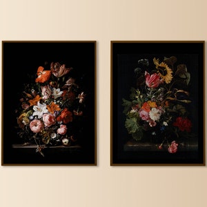 dark flower art print set of two, moody floral wall art, dark Victorian wall art set of 2, dark academia decor, black botanical, dutch oil