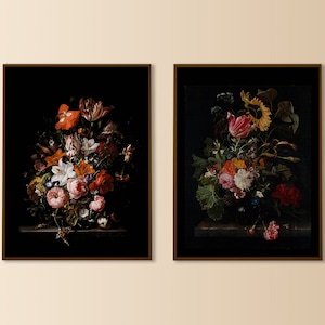 dark flower art print set of two, moody floral wall art, dark Victorian wall art set of 2, dark academia decor, black botanical, dutch oil