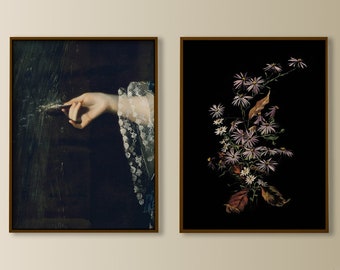 dark moody set of two prints, romantic goth print, black bathroom decor, 12x16 wall art set trendy, botanical wall art, dark art painting