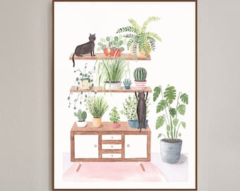 funny cat print, cat person gift, cat and plant illustration, cat quirky illustration, urban jungle print, witty, plant lovers, cat lovers