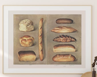 bakery decor, types of bread art print, retro kitchen decor, french bread poster, farmhouse wall art, bakery wall art, farmhouse decor